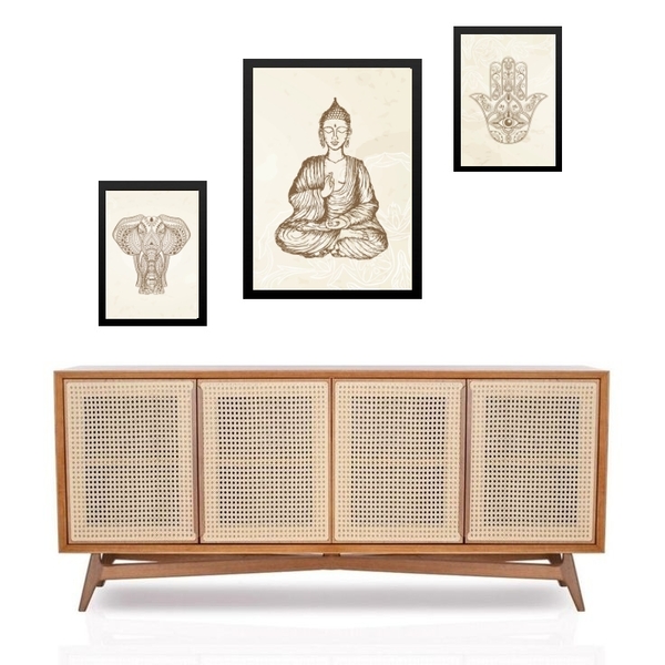 Set 3 Quadros Zen Minimalista Buda Moldura Preta
