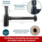 Sifão Copo Preto Fosco Quadrado Inox304 Universal Banheiro Cu