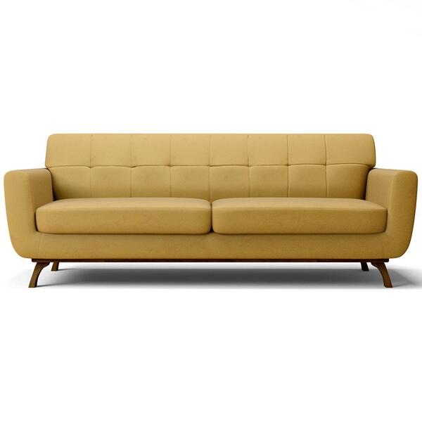 Sofá 03 Lugares 210 Cm Com Base De Madeira Veludo Amarelo