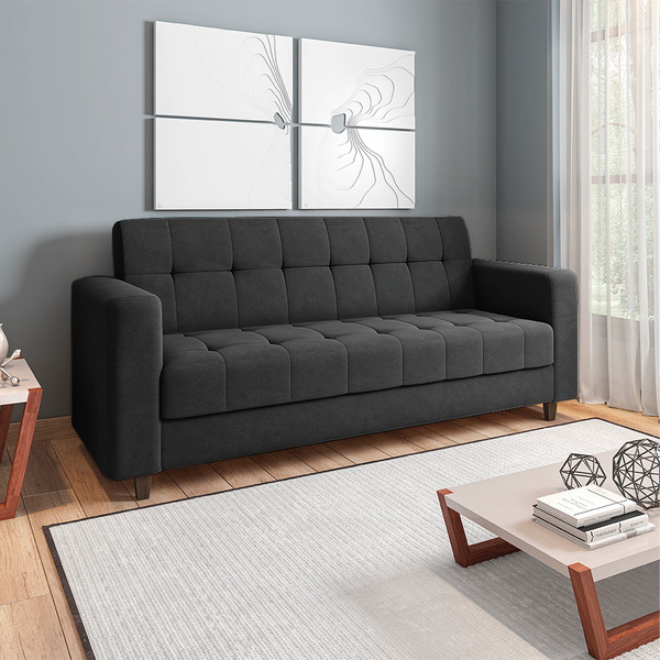 Sofá 03 Lugares Arezzo Suede Preto Pés Chanfrado Tabaco D01 -