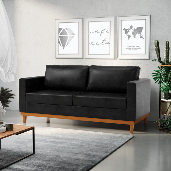 Sofá 03 Lugares Juliette Sintético Pu Base Madeira Castanho D