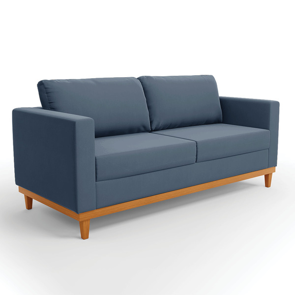 Sofá 03 Lugares Juliette Suede Azul Marinho Base Madeira Cast