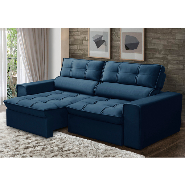 Sofá 03 Lugares Retrátil E Reclinável Agatha 12012 Veludo Azu