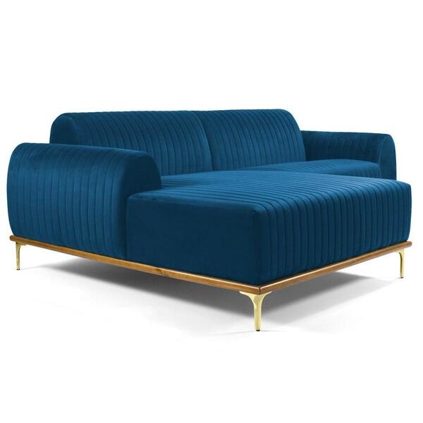 Sofá 245cm 4 Lugares Chaise Molino Veludo Azul
