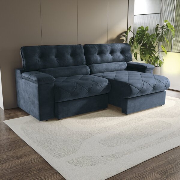 Sofá 260 Cm Retrátil E Reclinável Malta Azul Marinho