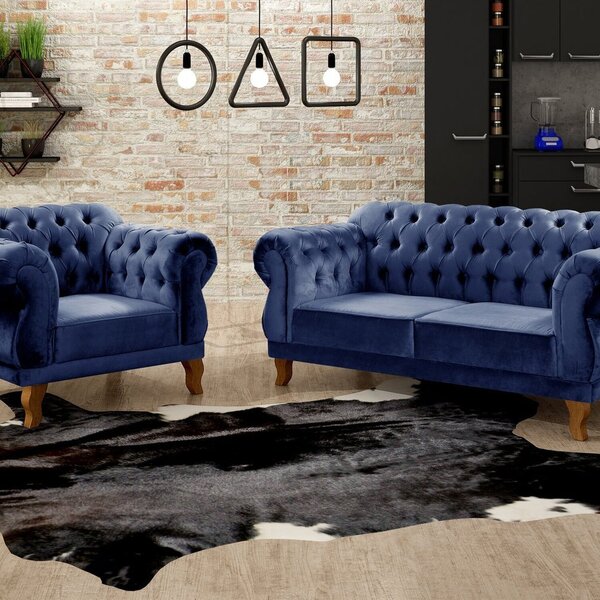 Sofá 2 E 1 Lugares Duquesa Decoração Sala Recepção Retrô Azul