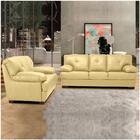 Sofá 2 E 3 Lugares Fresno Pés Madeira Couro Bege - Mempra