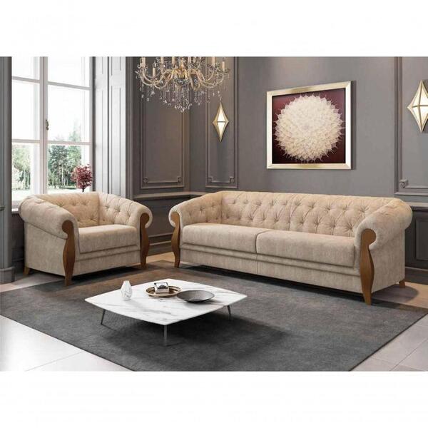 Sofá 2 Lug. Poltrona Em Linho Bege Com Molas Espirais Adhara