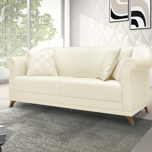 Sofá 2 Lugares 1,60 M Linho Pérola Com Pés De Madeira E 2 Alm