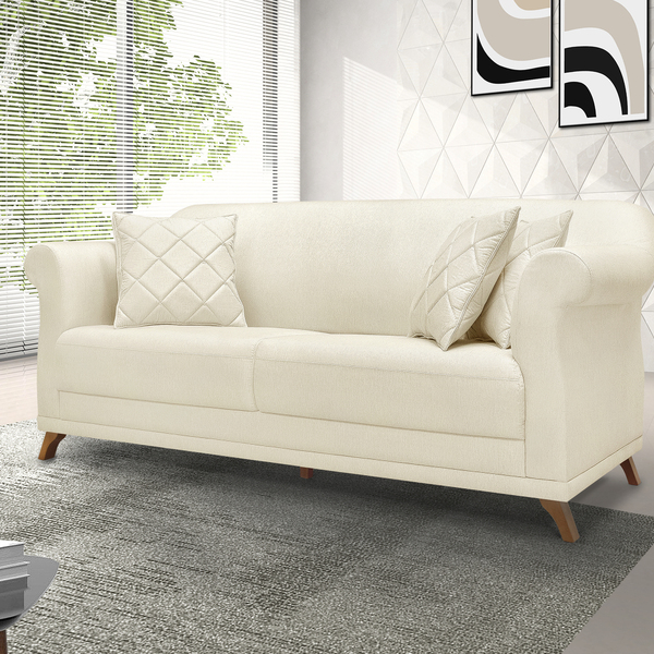 Sofá 2 Lugares 1,80 M Linho Rústico Natural Com Pés De Madeir