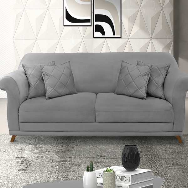 Sofá 2 Lugares 1,80 M Veludo Cinza Com Pés De Madeira E 2 Alm