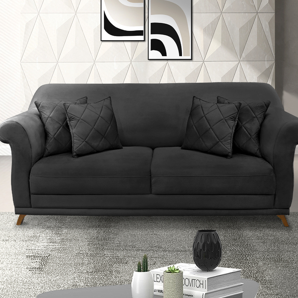 Sofá 2 Lugares 1,80 M Veludo Preto Com Pés De Madeira E 2 Alm