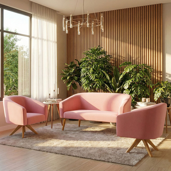 Sofá 2 Lugares 2 Poltronas Stella Base Giratória Ma30 Suede D