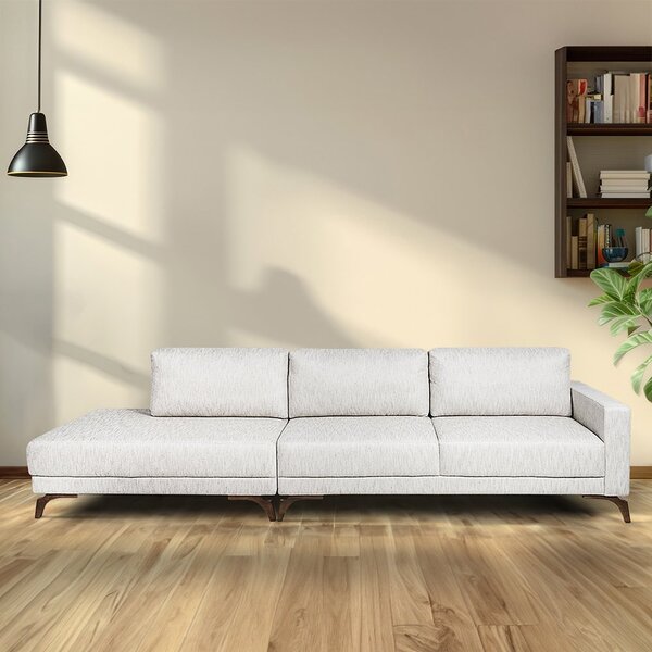 Sofa 2 Lugares 337cm Com Chaise Pes Em Imbuia Veludo  Bege/im