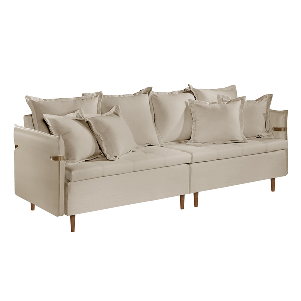 Sofá 2 Lugares Almofada Solta Base Madeira Veludo Bege Claro