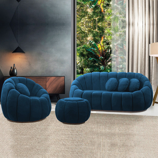 Sofá 2 Lugares Com Puff E Poltrona Giratória Orgânica Cloud B