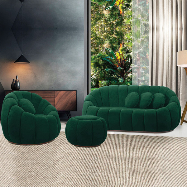 Sofá 2 Lugares Com Puff E Poltrona Giratória Orgânica Cloud B