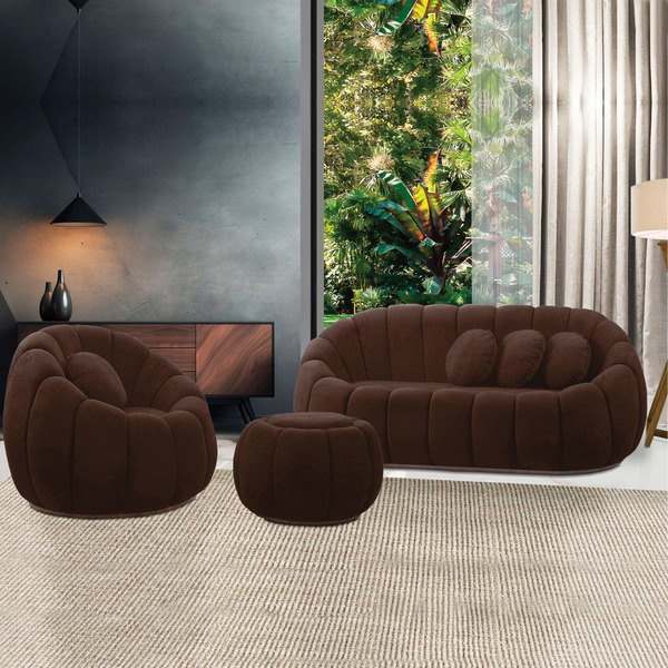 Sofá 2 Lugares Com Puff E Poltrona Giratória Orgânica Cloud B