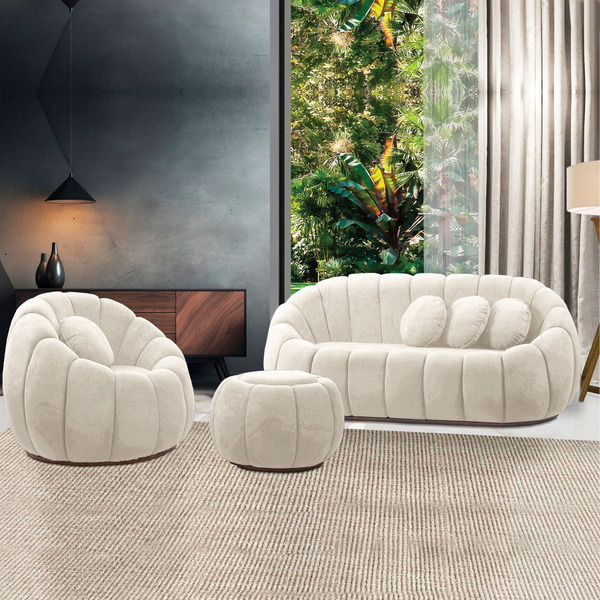 Sofá 2 Lugares Com Puff E Poltrona Giratória Orgânica Cloud B