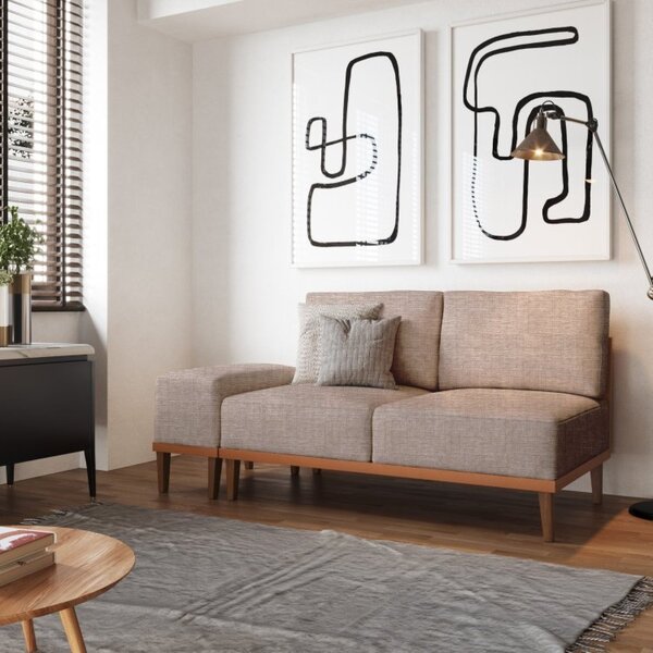 Sofá 2 Lugares E 1 Puff Em Linho Boreal Com Mola Ensacada Cab