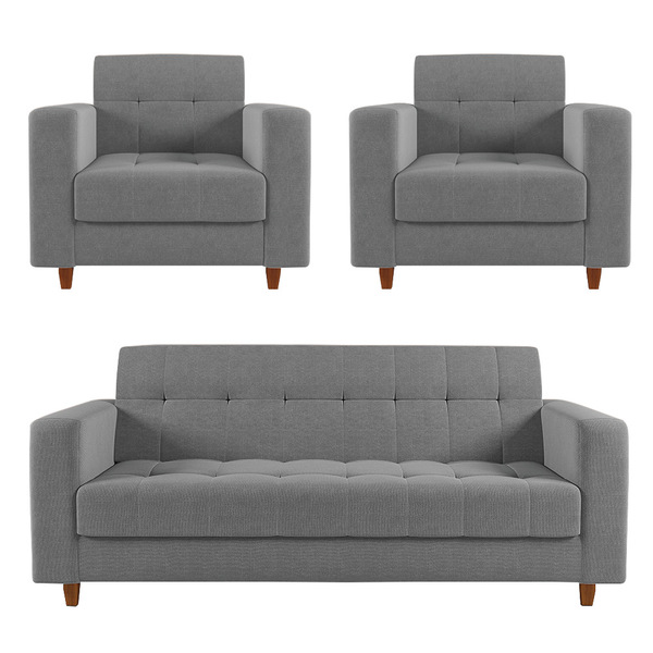 Sofá 2 Lugares E 2 Poltronas Pé Madeira Castanho Arezo Linho