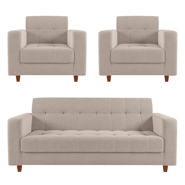 Sofá 2 Lugares E 2 Poltronas Pé Madeira Castanho Arezo Linho