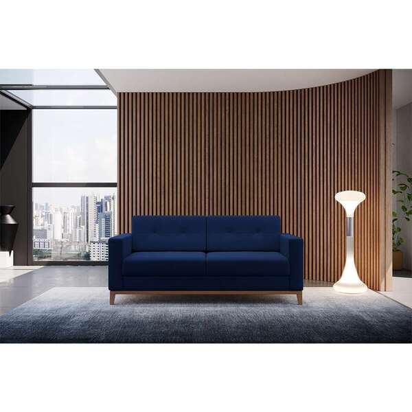Sofá 2 Lugares Living Pés E Base Em Madeira Linho Cotton Azul