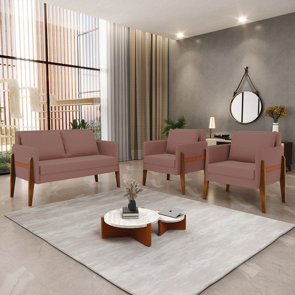 Sofá 2 Lugares Namoradeira E 2 Poltronas Lana Veludo Rosê Bas
