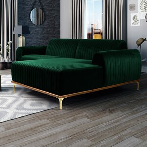 sofa 320cm 5 lugares com chaise direito pes gold molino b 303 veludo verde musgo domi