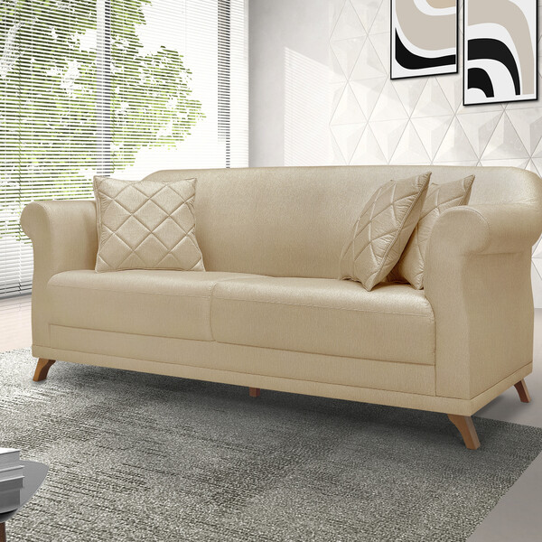 Sofá 3 Lugares 2,00 M Linho Dourado Com Pés De Madeira E 2 Al