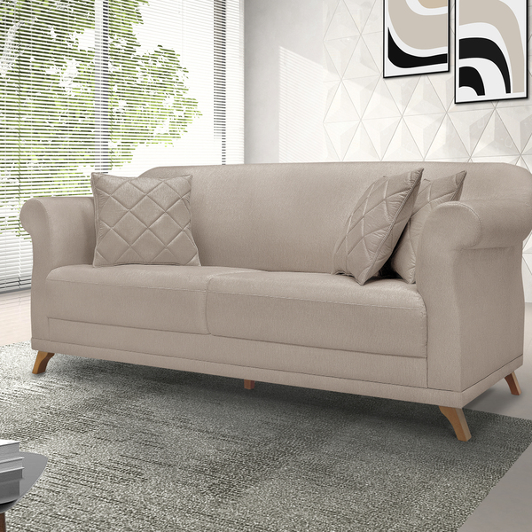 Sofá 3 Lugares 2,00 M Linho Rústico Areia Com Pés De Madeira