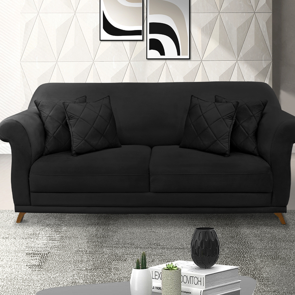 Sofá 3 Lugares 2,00 M Preto Com Pés De Madeira E 2 Almofadas