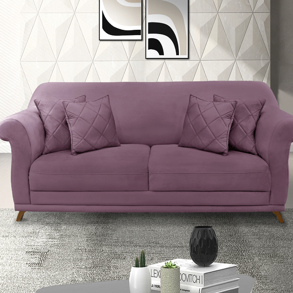 Sofá 3 Lugares 2,00 M Veludo Uva Com Pés De Madeira E 2 Almof