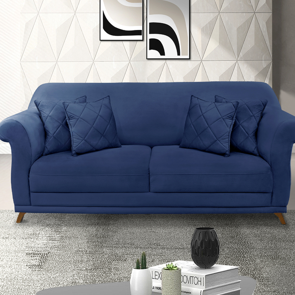 Sofá 3 Lugares 2,20 M Azul Marinho Com Pés De Madeira E 2 Alm