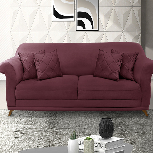 Sofá 3 Lugares 2,20 M Veludo Vinho Com Pés De Madeira E 2 Alm