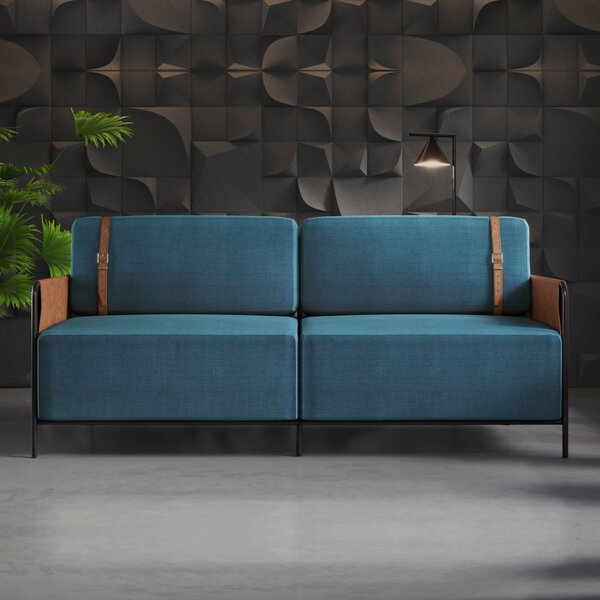 Sofá 3 Lugares 200cm Living M-09 Preto/linho Jeans Azul