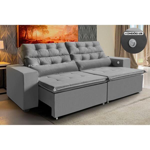 Sofá 3 Lugares 212cm Cinza Retrátil Reclinável 3 Portas Usb