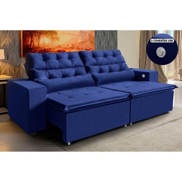 Sofá 3 Lugares 212cm Retrátil, Reclinável, 3 Portas Usb Azul