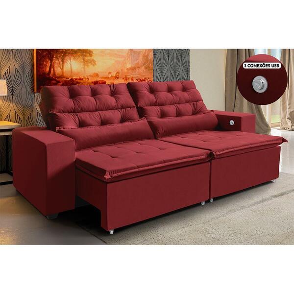 Sofá 3 Lugares 212cm Retrátil Reclinável 3pt Usb Vermelho