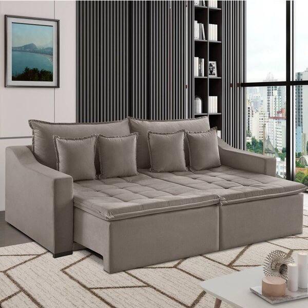 Sofá 3 Lugares 214cm Retrátil E Reclinável Amy Veludo Bege Na