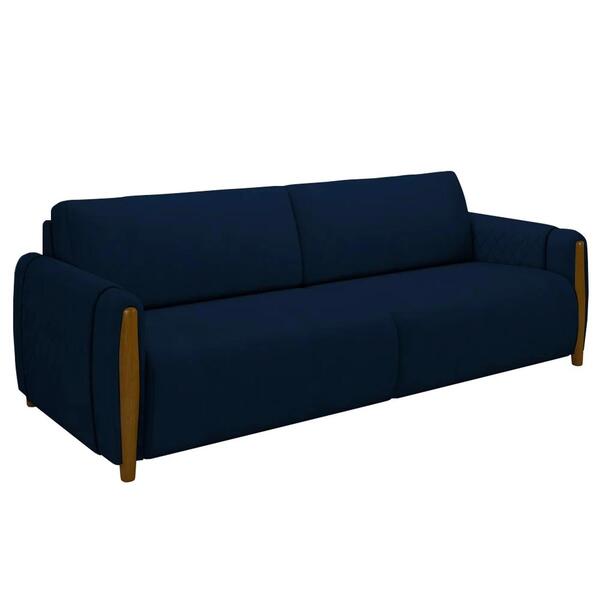 Sofá 3 Lugares 223cm Pés Madeira Amaranto Z32 Veludo Azul Mar