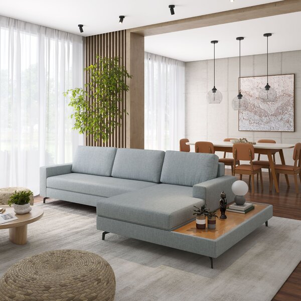 Sofá 3 Lugares 3,22m Com Chaise Direito E Mesa Apoio Lateral