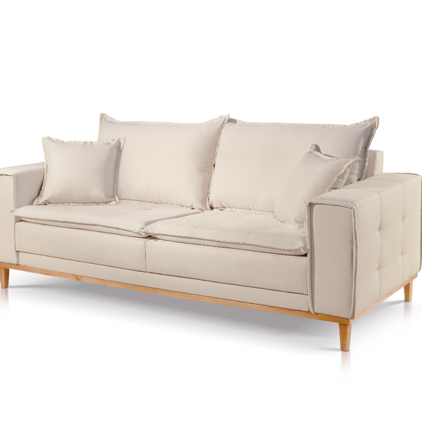 Sofá 3 Lugares Almofada Solta Base Madeira Linho Bege Claro C