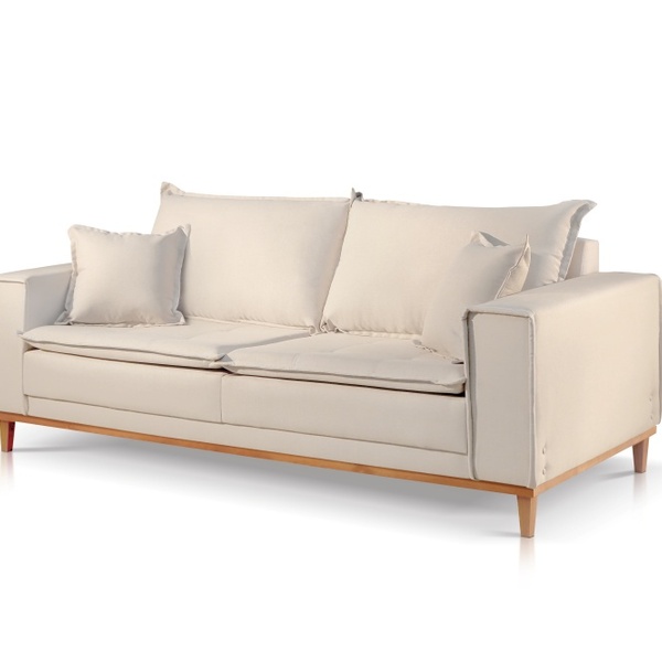 Sofá 3 Lugares Almofada Solta Base Madeira Linho Bege Claro M