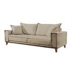 Sofá 3 Lugares Almofada Solta Base Madeira Linho Bege Médio M