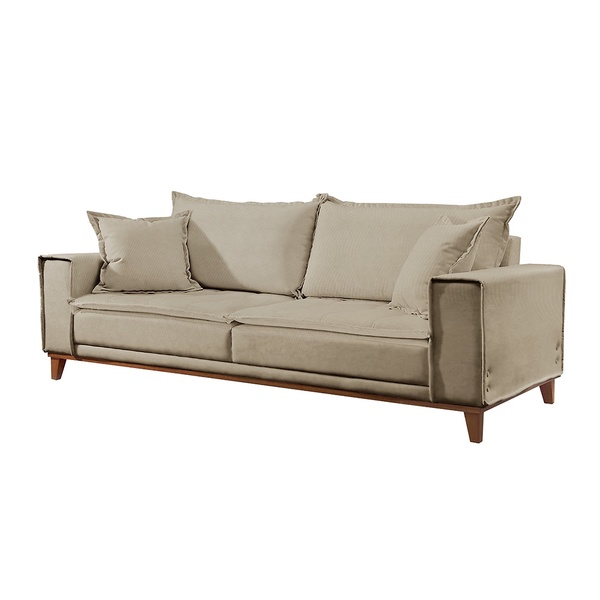 Sofá 3 Lugares Almofada Solta Base Madeira Linho Bege Médio M