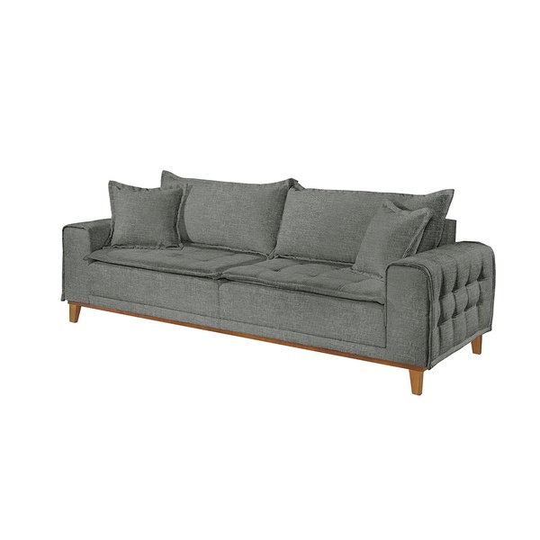 Sofá 3 Lugares Almofada Solta Base Madeira Linho Cinza Carol