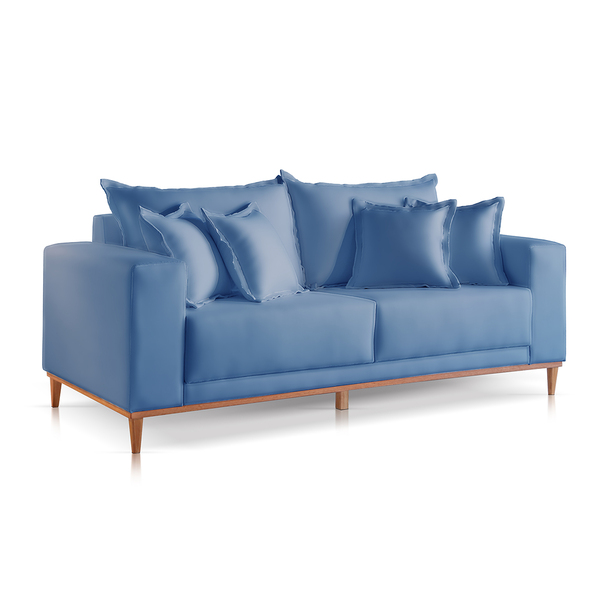Sofá 3 Lugares Almofada Solta Base Madeira Veludo Azul Mila 2m