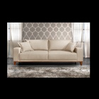 Sofá 3 Lugares Almofada Solta Base Madeira Veludo Bege Claro