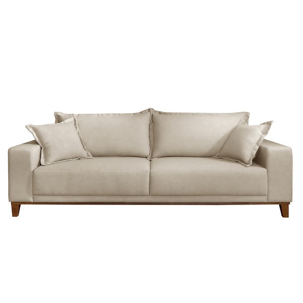 Sofá 3 Lugares Almofada Solta Base Madeira Veludo Bege Claro